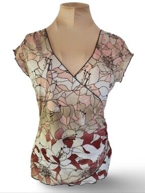 Y2K Aziz Sheer Floral Faux Wrap Top Size Medium Romantic Mesh Blouse